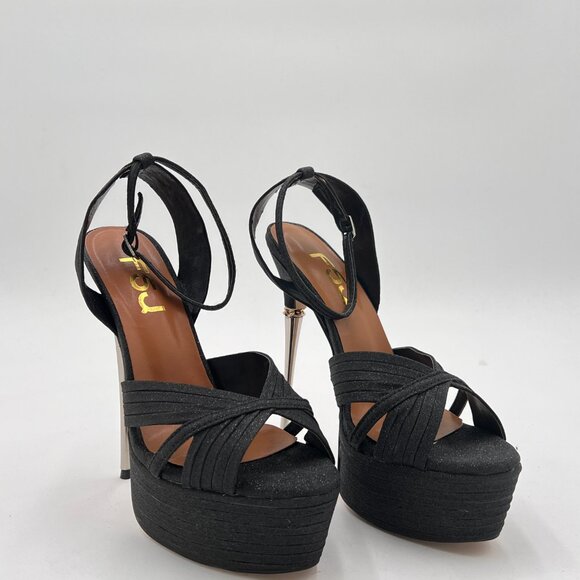 FSJ Midnight Glitter Strappy Open Toe Platform Stiletto Heel Metallic Sandals - Picture 4 of 8